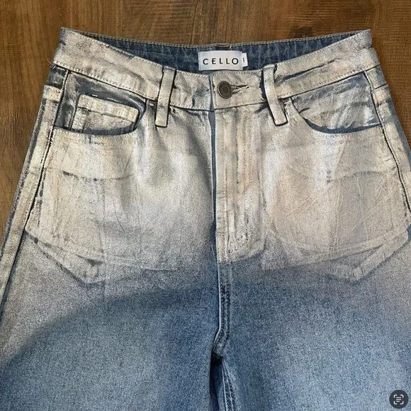 Cello High Rise Wide Leg Jeans Metallic Raw Hem Distressed Size 1 - Picture 2 of 8